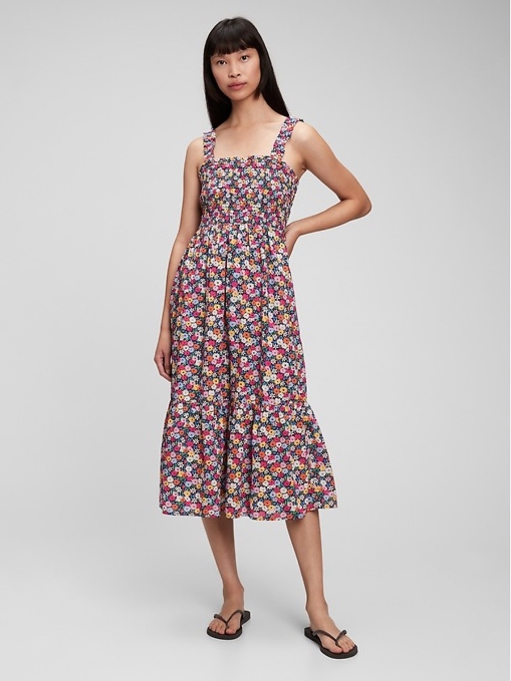 GAP Floral Print Smocked Midi Dress in Multicolor size Medium